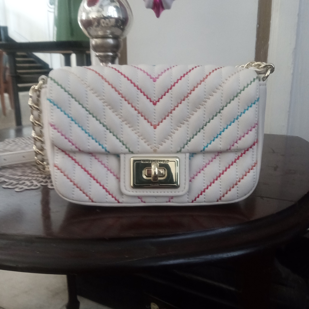 Karl Lagerfeld White Quilted Crossbody Bag with Multicolor Stitching